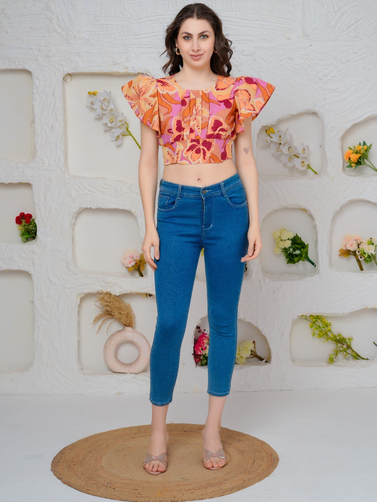 Womens Smocked Pure Cotton Top Pink Multicolor Floral Print Ruffle Sleeve Blouse
