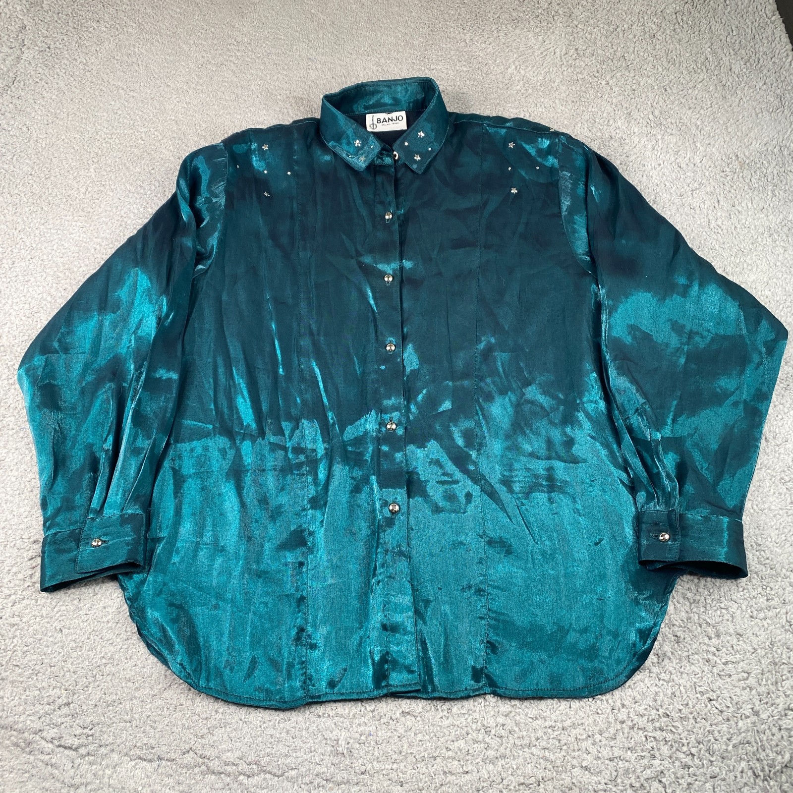 Banjo Shirt Womens 2XL Green Rayon Button Up Long Sleeve Dallas Texas