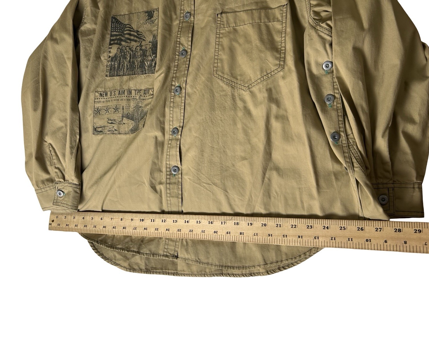Gitano Graphic Army Print Button Up Shirt Jacket Sz XL Khaki Deconstructed READ