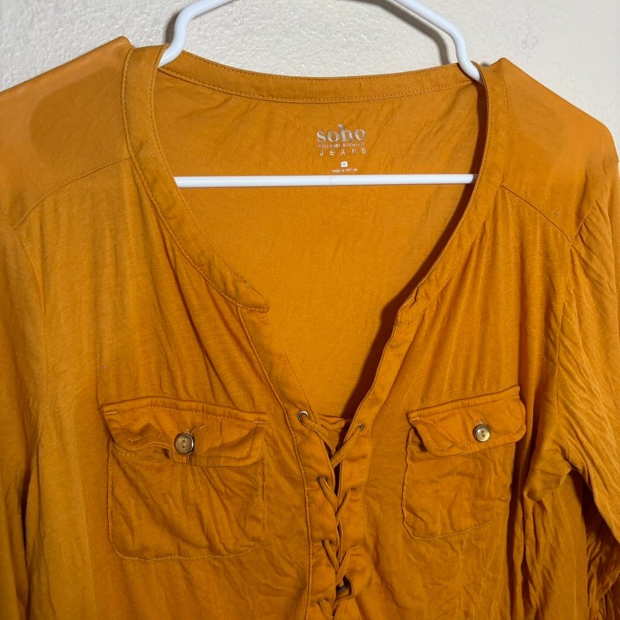 Soho Jeans Blouse Women’s Medium Mustard V-Neck Pocket 3/4 Sleeve Shirt Top