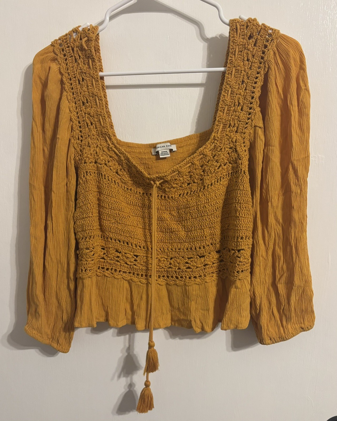 American Eagle Peasant Blouse Womens M Mustard Crop Top Crochet #0027