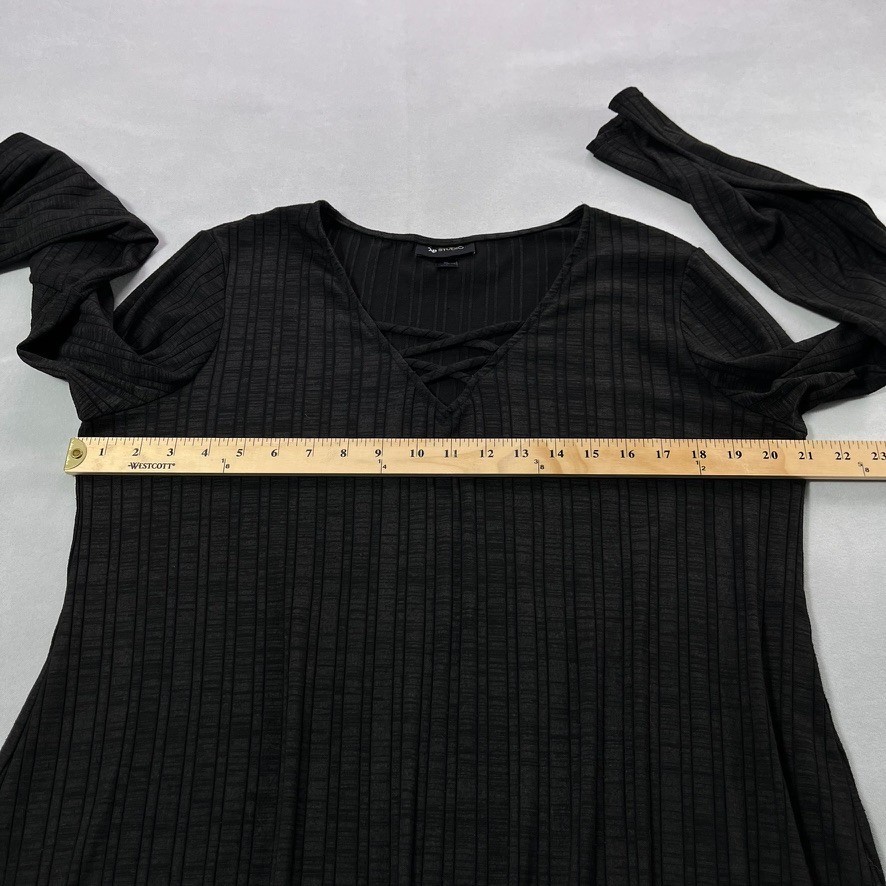 AB Studio Knit Top Women XL Black Heather Bell Sleeve Faux Lace Up Neckline