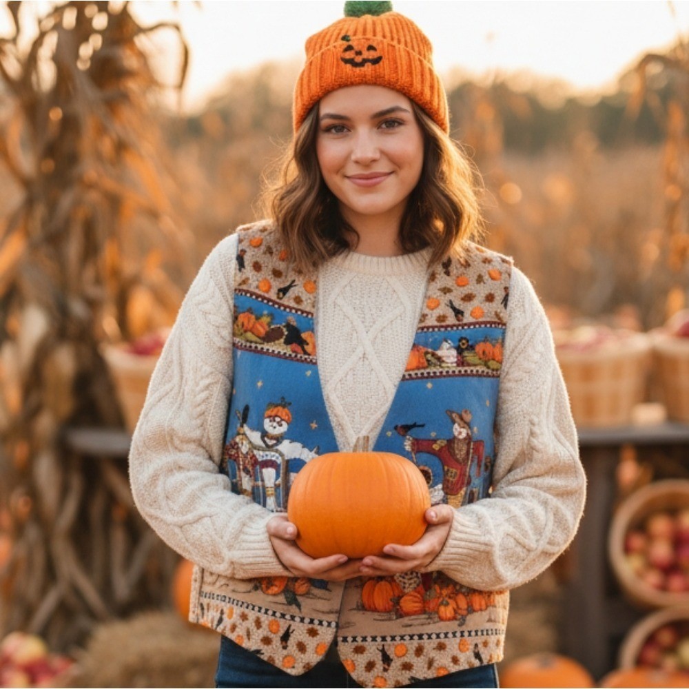 Fall Autumn Harvest Halloween Vest Handmade Scarecrow Pumpkin Patch Unisex Large