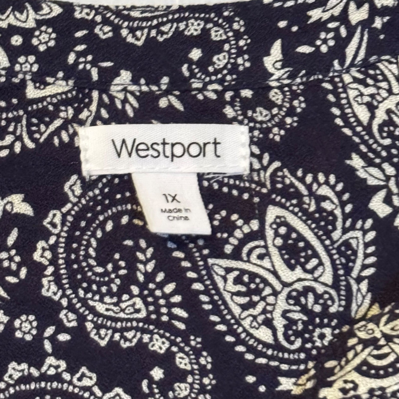 Westport Womens Blouse Sz 1X Navy & White Paisley Print 3/4 Sleeve Blouse