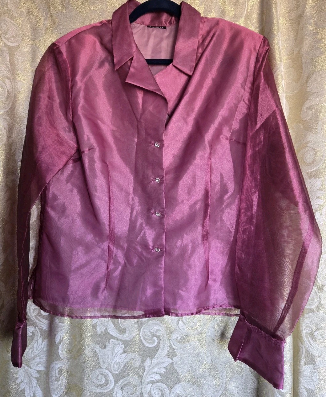 VTG Unbranded Untagged Silk Mauve Womens Blouse W/Rhinestone Front Buttons L-XL