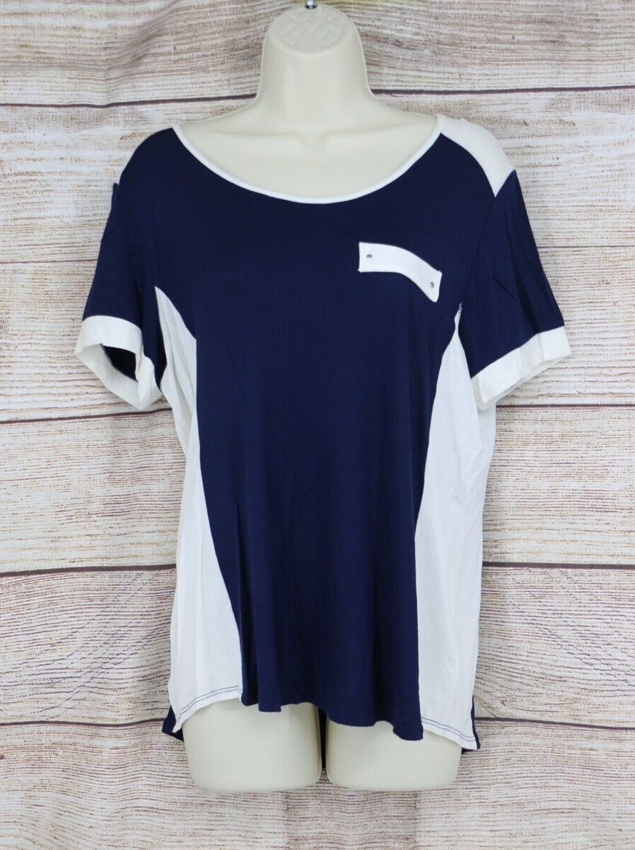 Claudia Richard Womens Large Navy Blue White Colorblock Short Sleeve Blouse Top