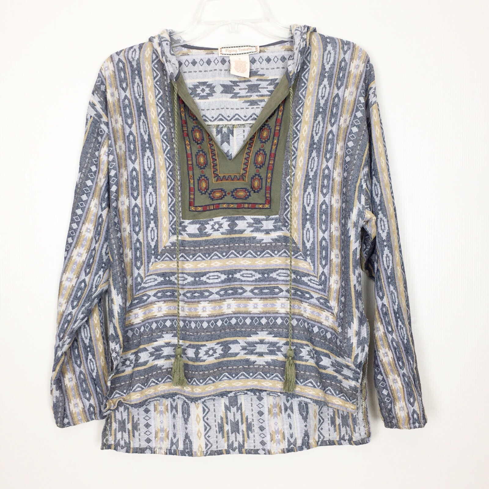 Flying Tomato Shirt Womens Small Boho Tribal Embroidered Hooded Pullover Top