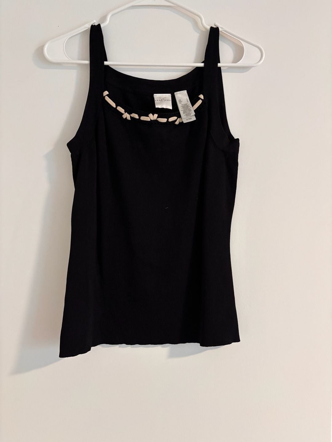Emma James Black Sleeveless Tank Top with Decorative Crocheted Neckline