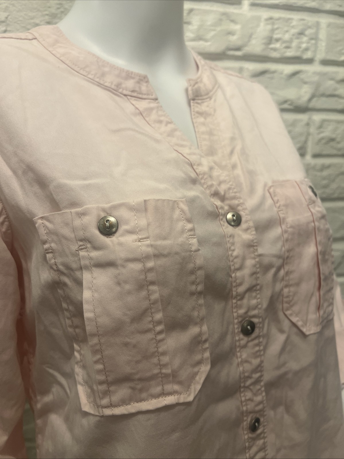 Intro ❤️ Collarless Button Front Lyocell Shirt Pale Pink Roll Tab Sleeve Size S