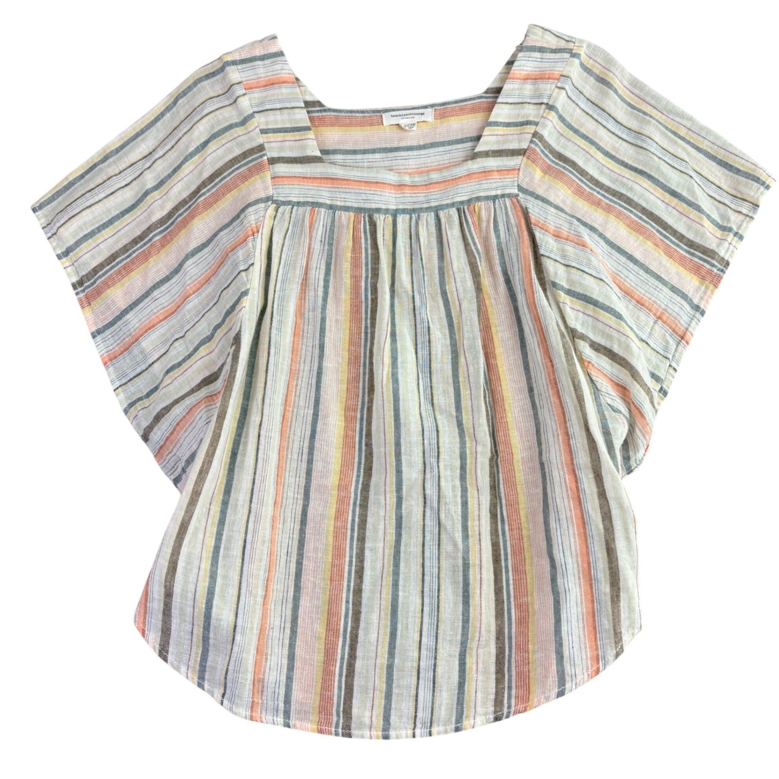 Beach Lunch Lounge XS Linen Blend Blouse Striped Square Neck Butterfly Sleeve