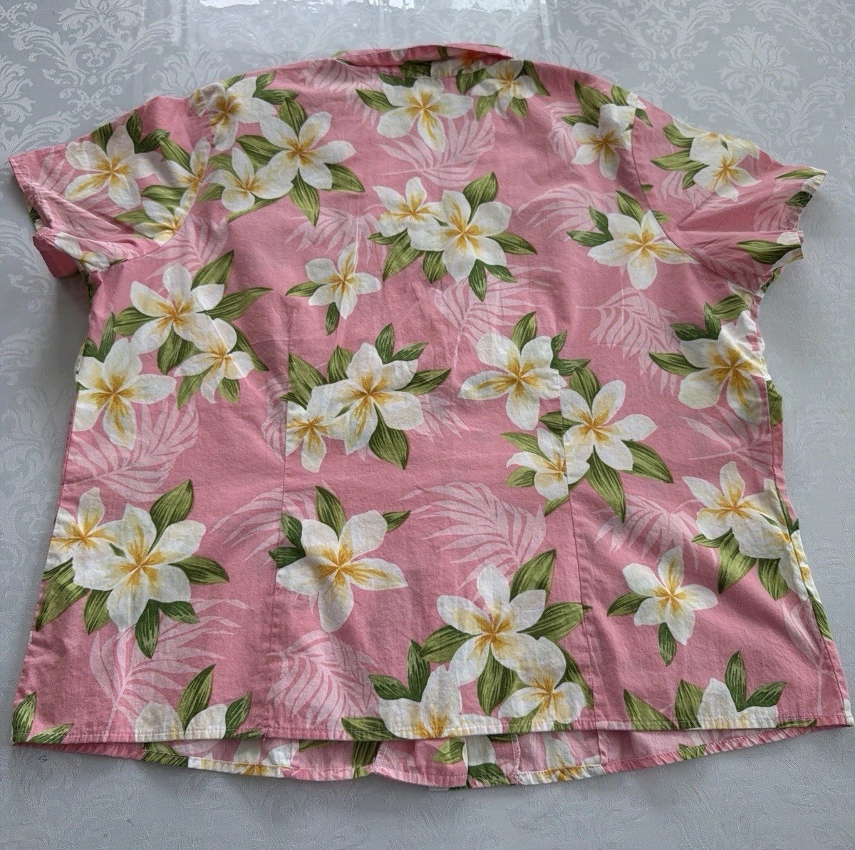 Bishop St Hawaiian Aloha Shirt Pink Plumeria Floral Cotton Women XL Made Hawaii