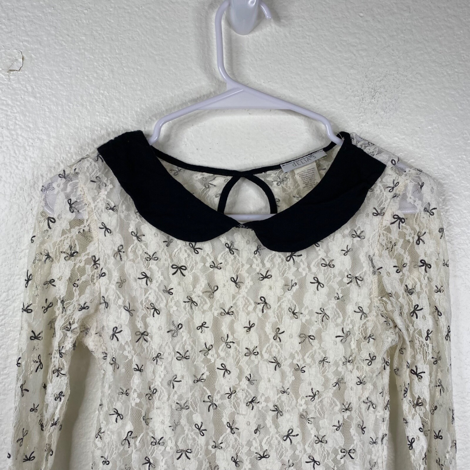 Delia’s Top Juniors White Sz S Long Sleeves Lace Bow Print Semi Sheer Twee Goth