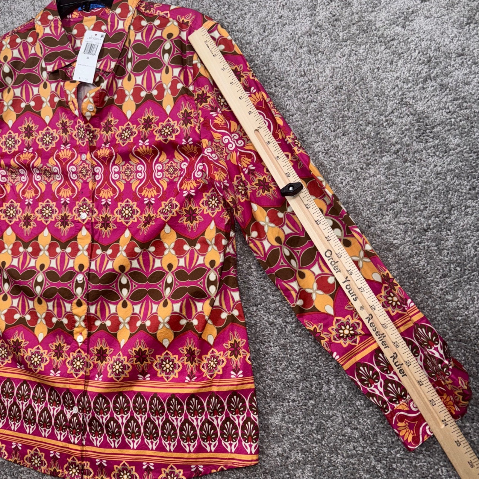 J. McLaughlin Lois Blouse Womens XL Pink Brown Geometric Stretch Sateen NEW