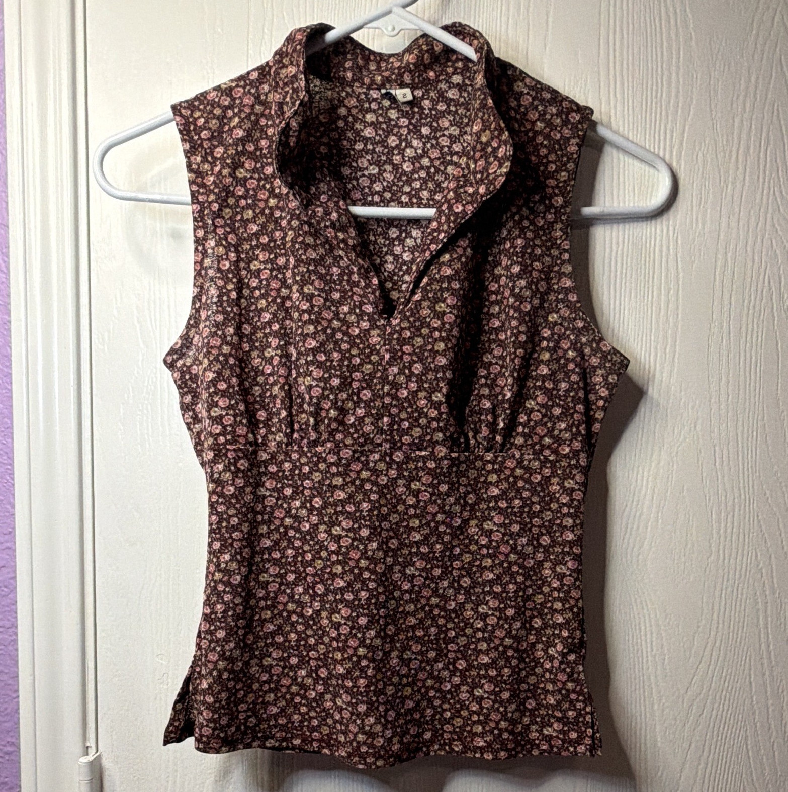 90s Inspired by 70s Brown/Pink Floral Collared Pullover Blouse Women’s 2 Vintage