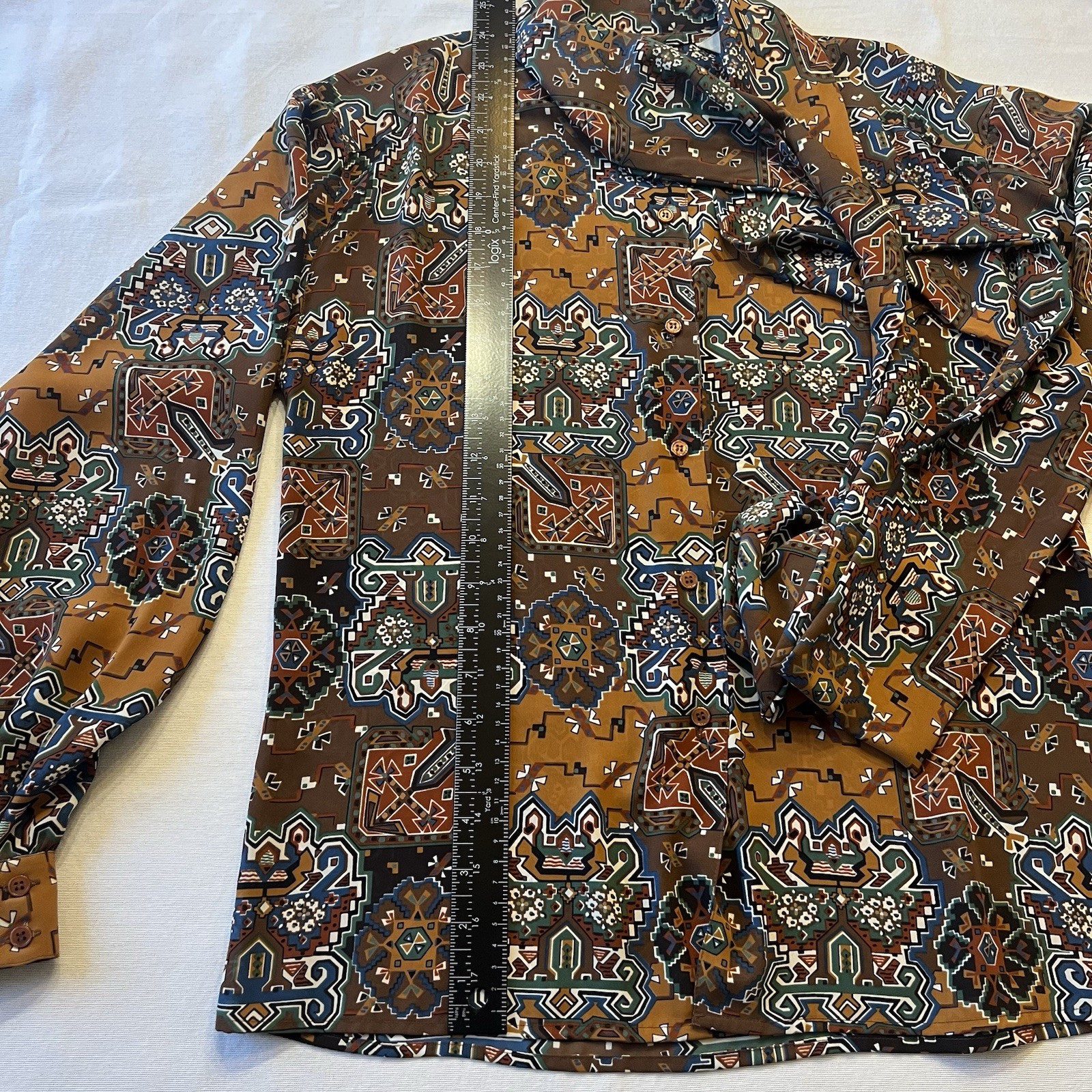 Vintage Style 70’s Sash Tie Neck Blouse Women’s Size 4 Geometric Secretary Brown