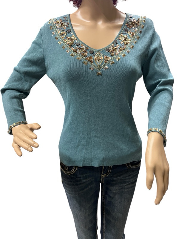 Joseph A Embellished 3/4 Sleeve Top Shirt Womens Size Medium