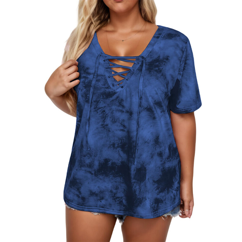 Women V Neck T Shirts, Plus Size Tie Dye Lace Up Summer Tops