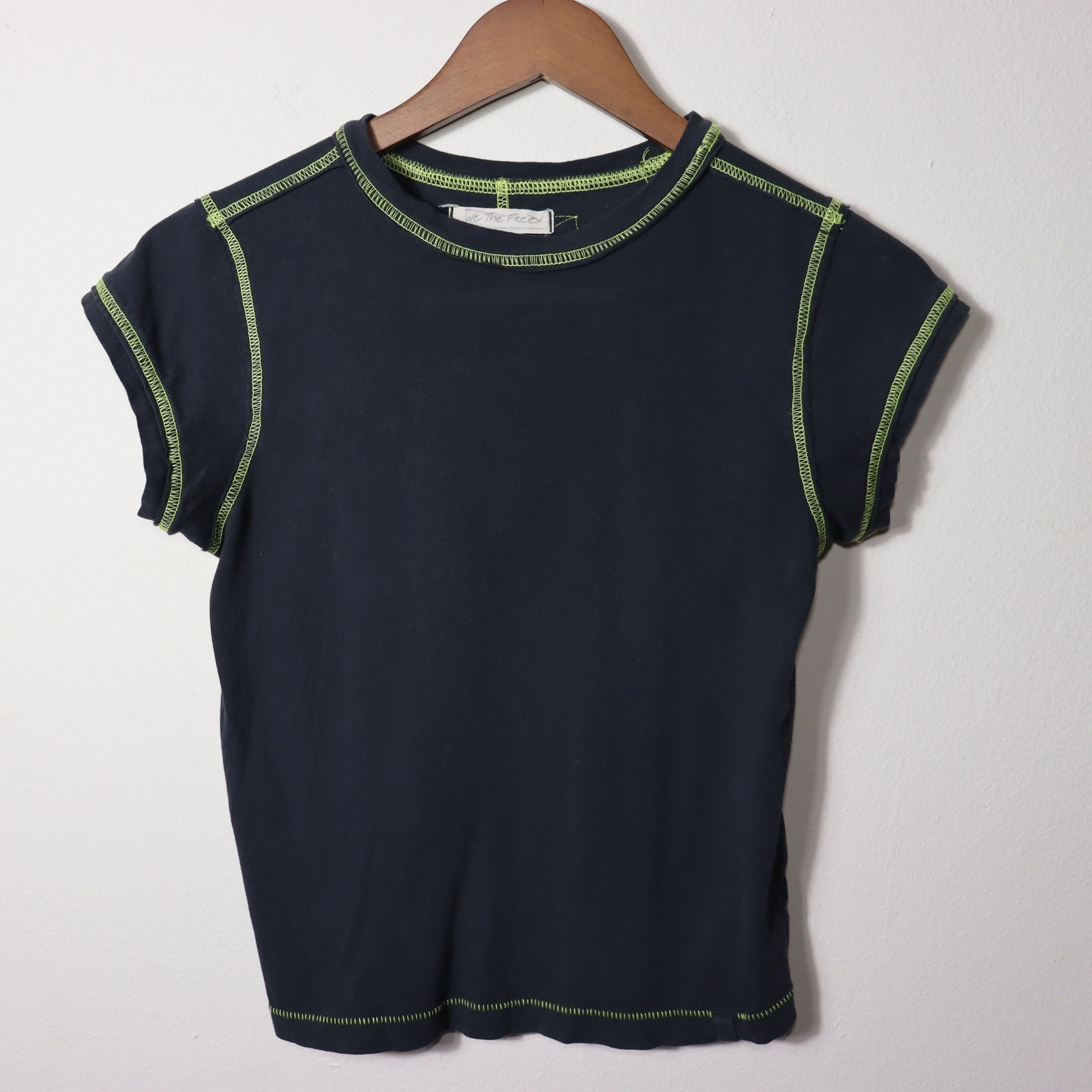 Free People We The Free Black Baby Tee Lime Green Contrast Stitch Top