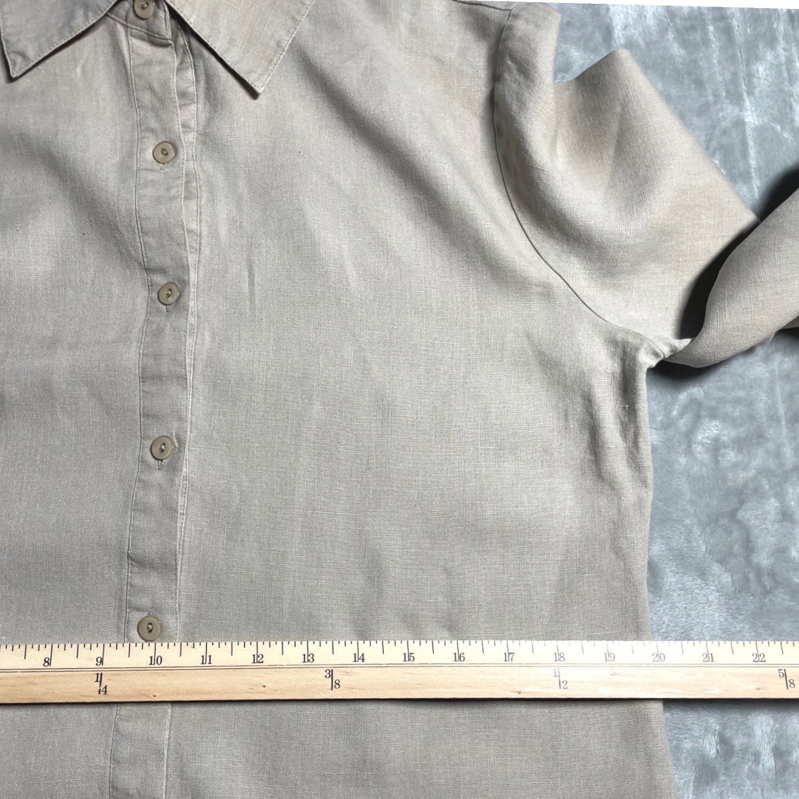 Lucy Pereda Button-Up Shirt Women’s L 100% linen Sand Color Coastal Summer Chic