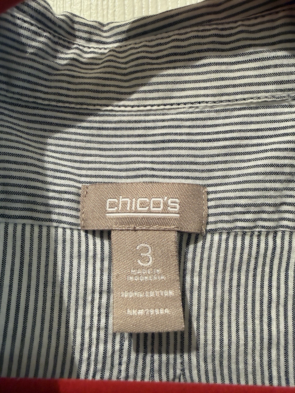 Chico’s Blue White Pin Striped Button Front Top Size 3/XL Roll Tab Sleeves
