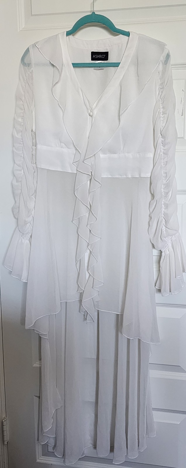 ashro high-low Formal ruffled white sheer blouse. Medium