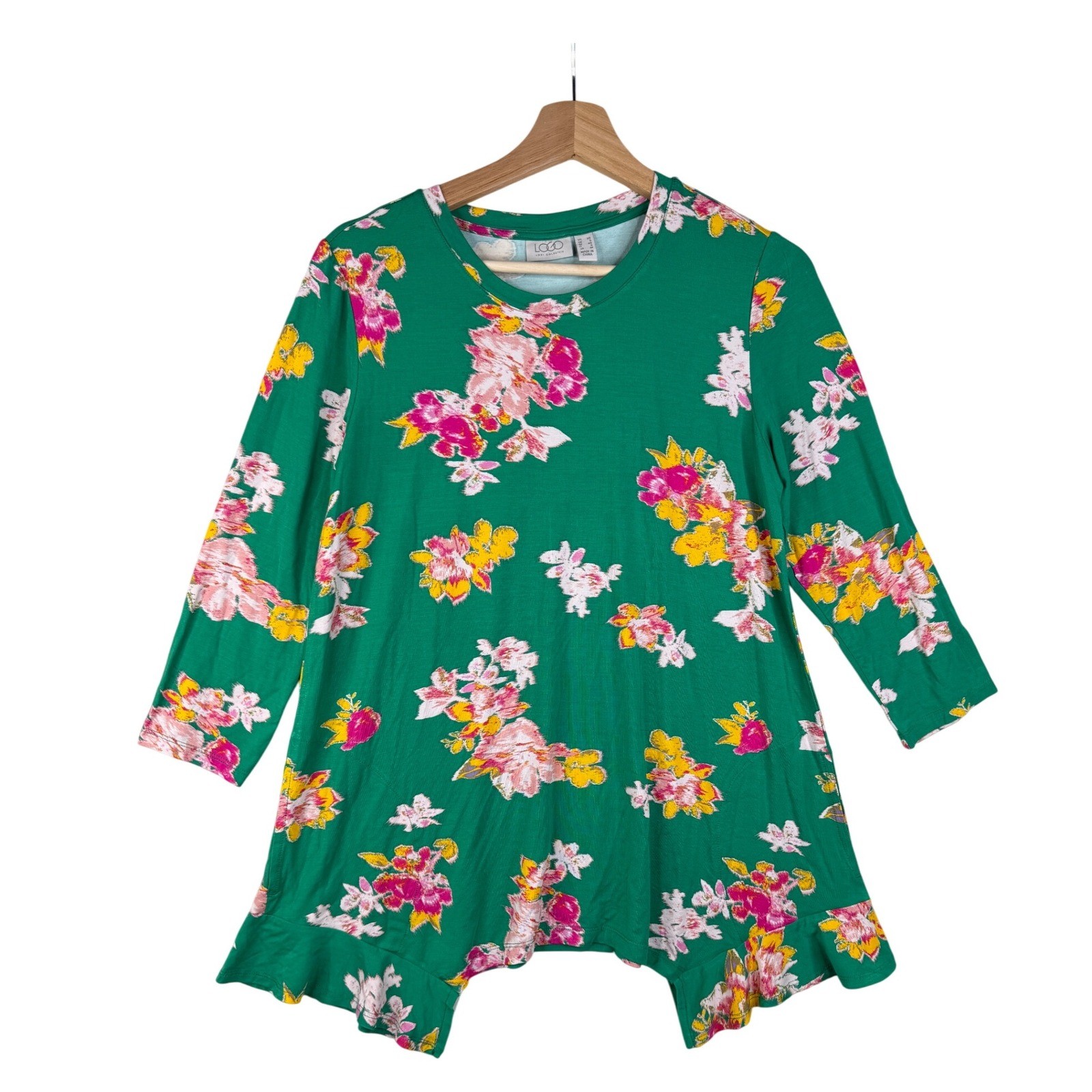 LOGO By Lori Goldstein Rayon 230 Floral Print 3/4 Sleeve Top Size XS Green