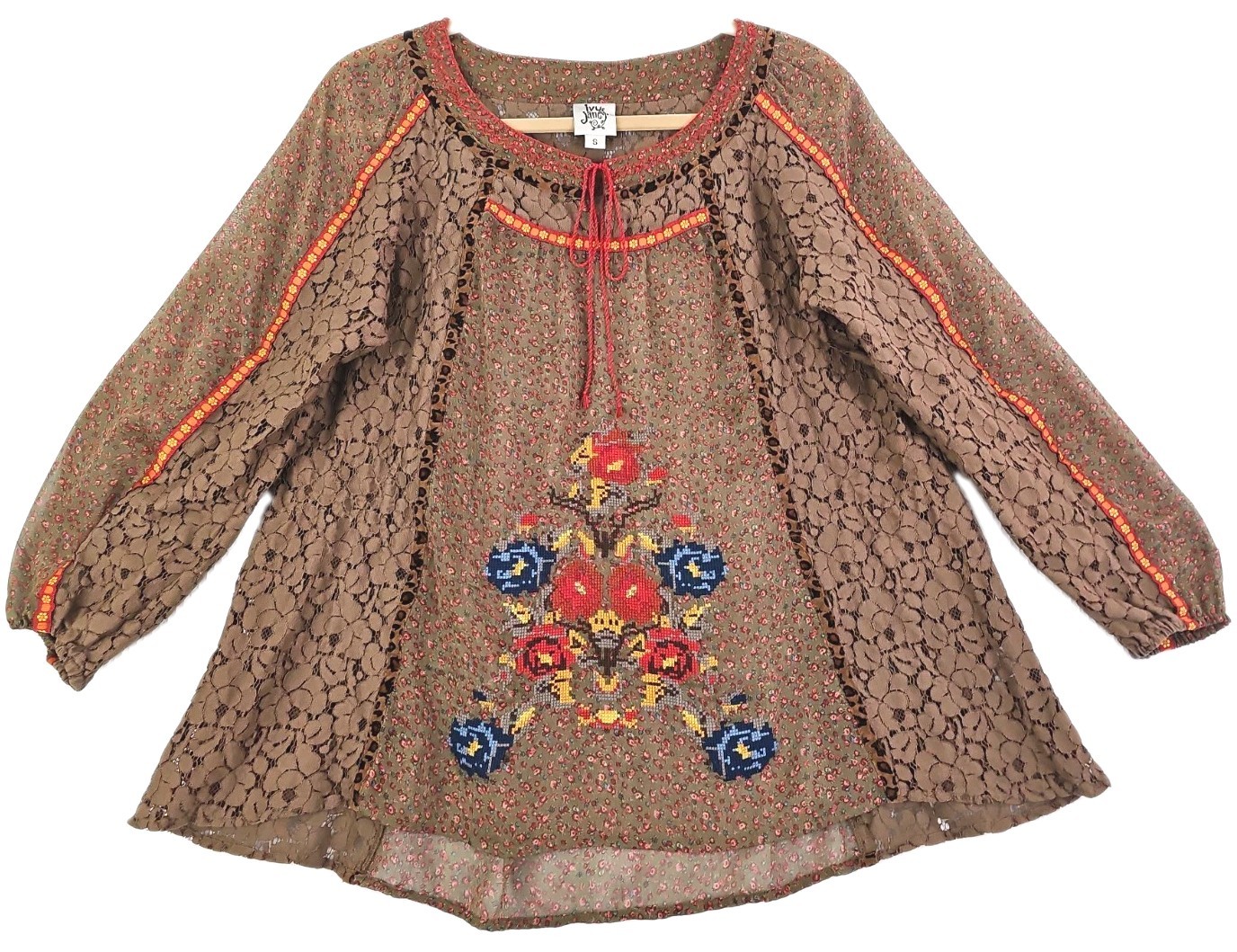 Ivy Jane ~Woman Size S~ Multicolor Embroidered Balloon Sleeve Blouse Boho Top.