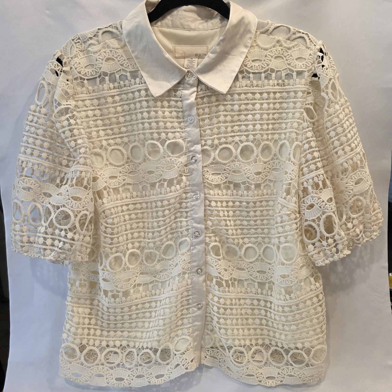 By Design Blouse Womens Size 1X Lace Puff Sleve Button Front Gardenia/Off White