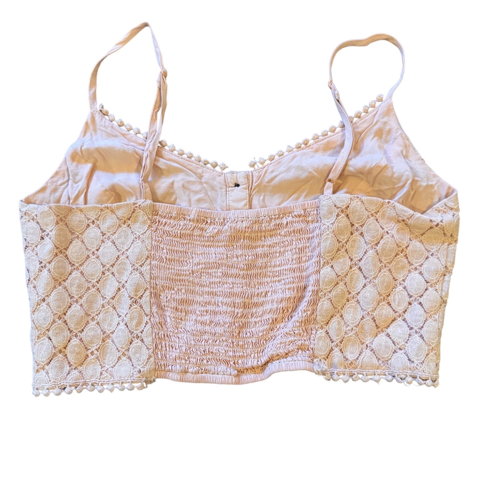 Pink Crochet Lace Smocked Button Up Crop Top Boho Festival L Coquette Fairy Fem