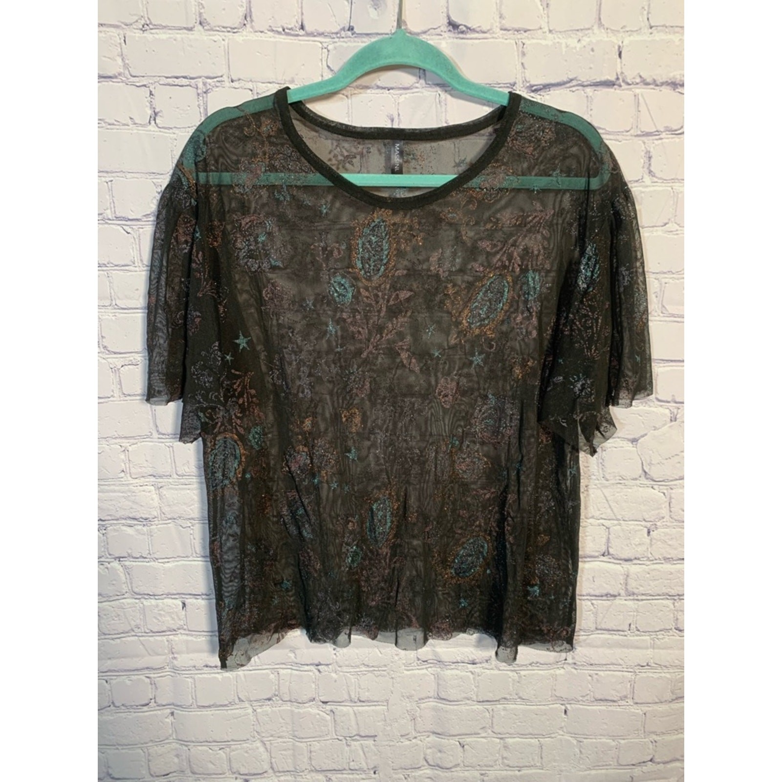 Massini Womens Sheer Floral & Celestial Print Black Sz XL Whimsigoth Ethereal