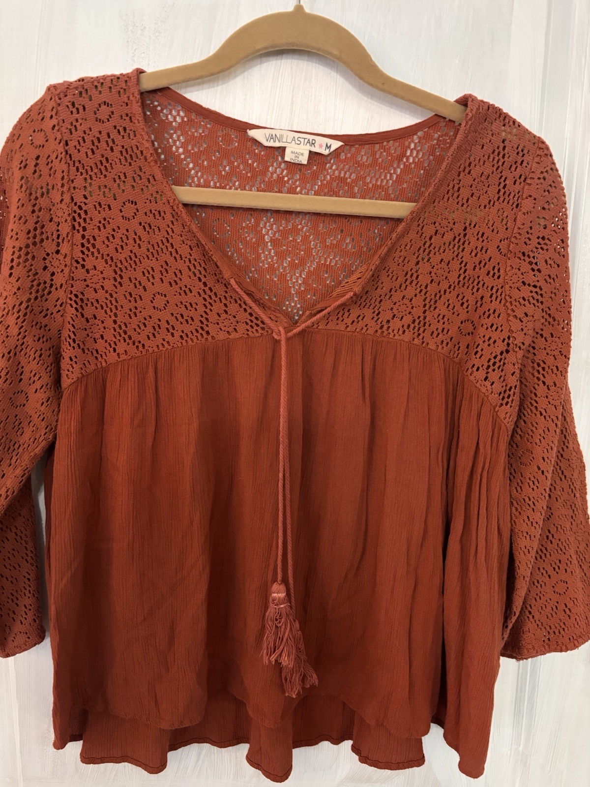Vanilla Star Medium Boho Blouse Rust Gauze Crochet Lace Openwork Sleeve Tassel
