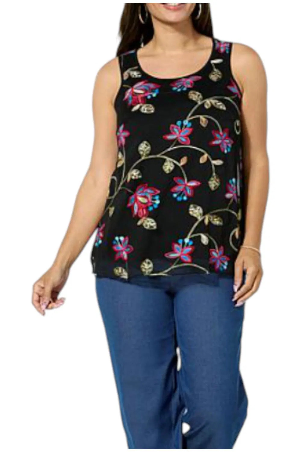 Nina Leonard Women’s Embroidered Chiffon Scoop-Neck Tank Black Multi
