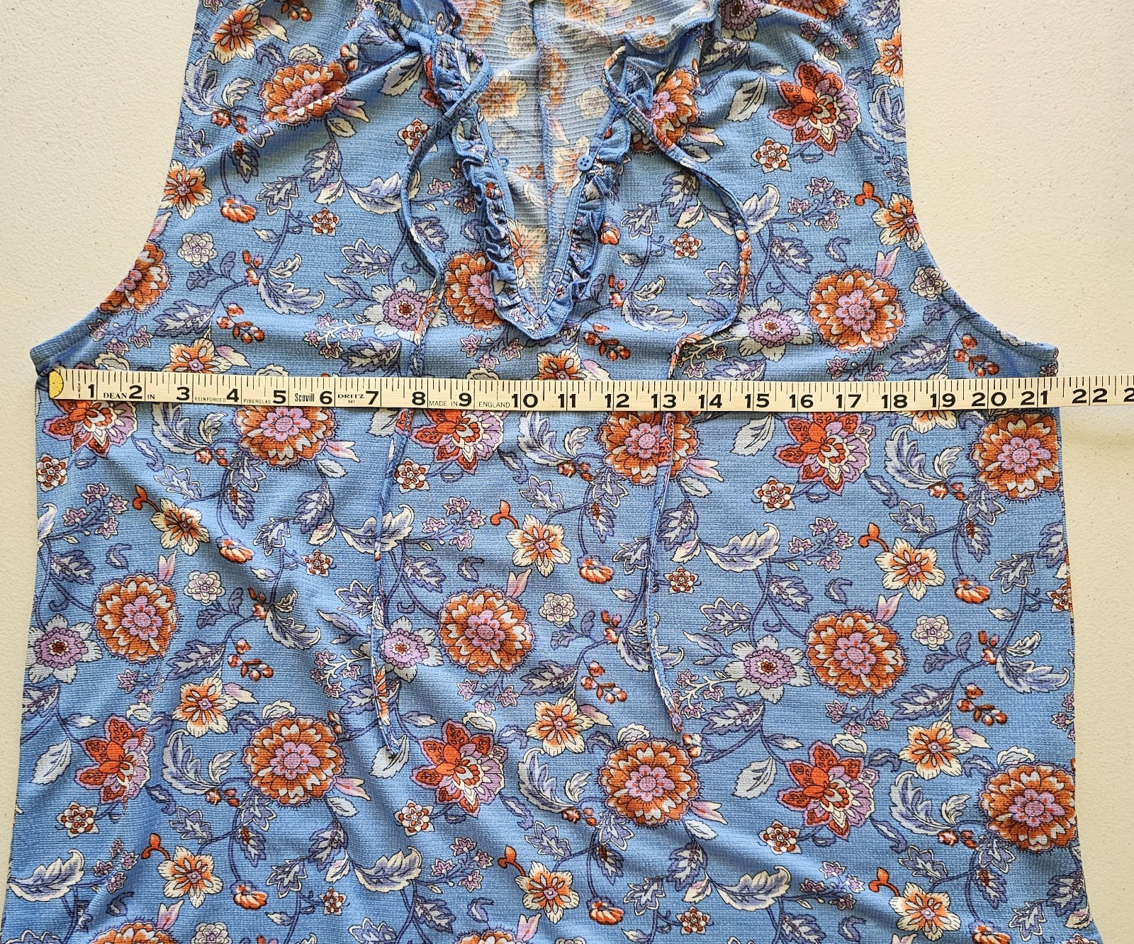 Ladies Blue & Orange Floral Tank Blouse Button/Loop Closure w/tie String SizeXL