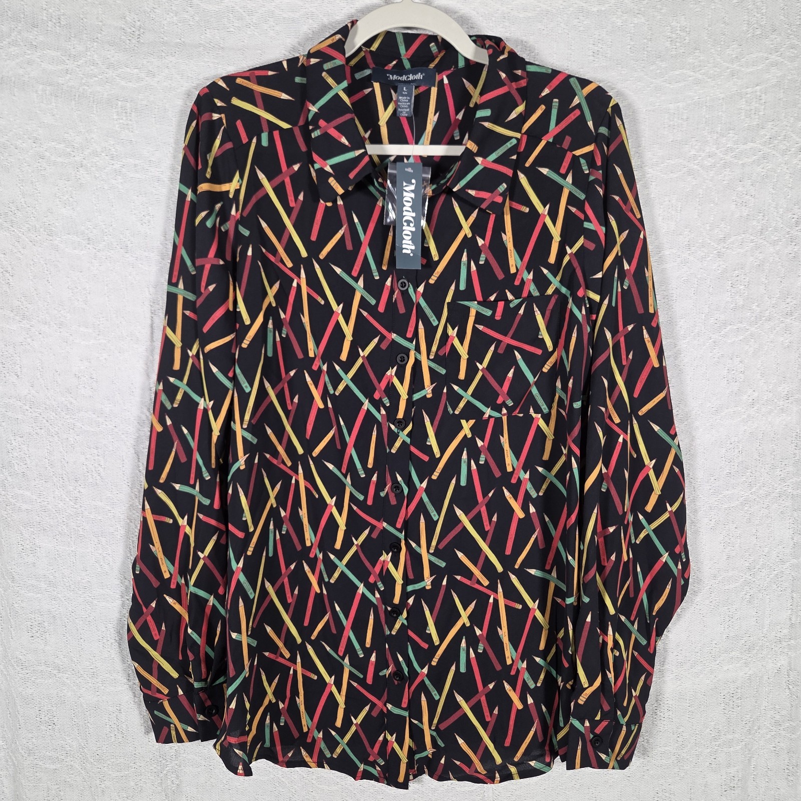 ModCloth Pencil Print Button Up Blouse Women’s L Black Long Sleeve Novelty Print