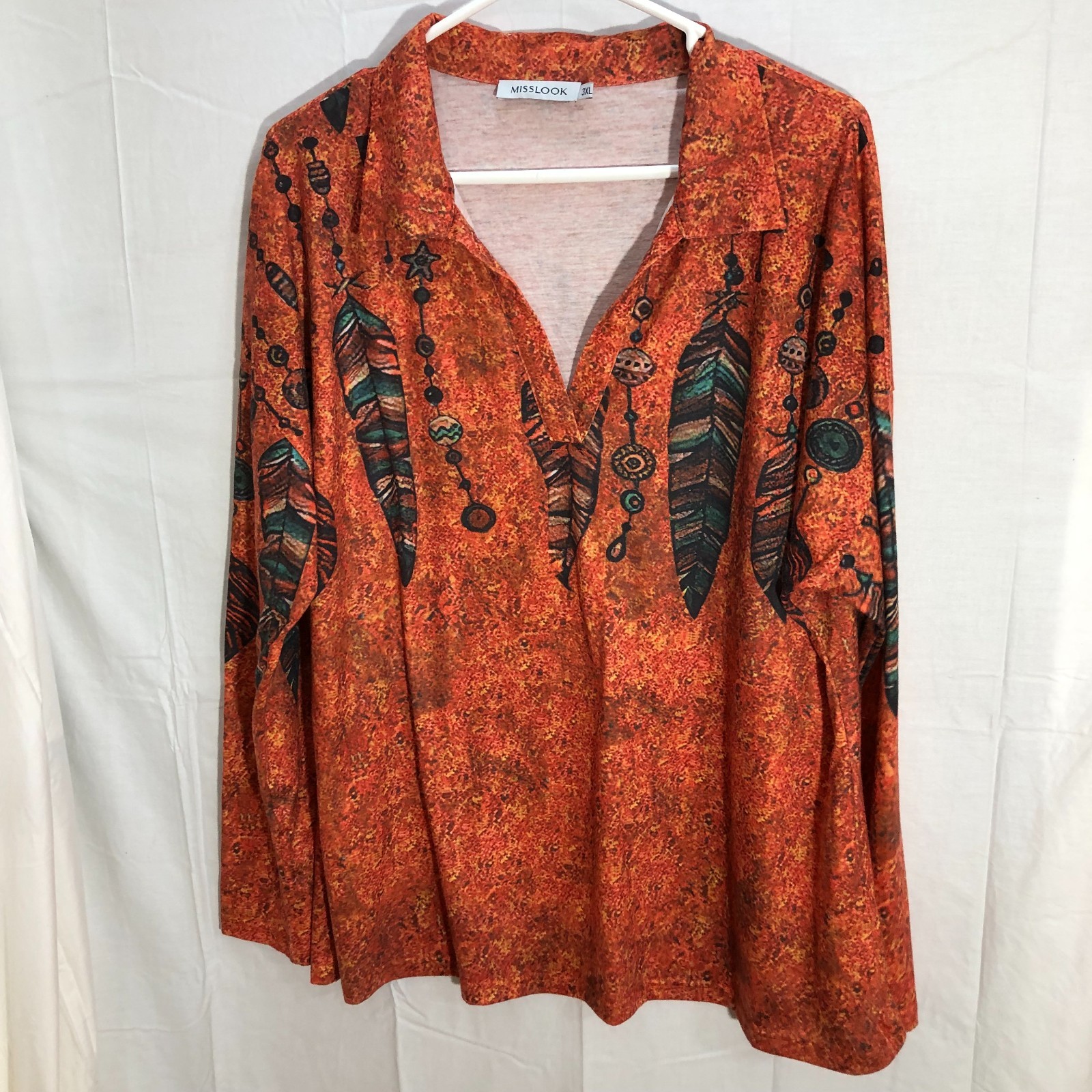 Misslook Orange Long Sleeve V-neck Plus 3XL Top Feather Charms Native Theme