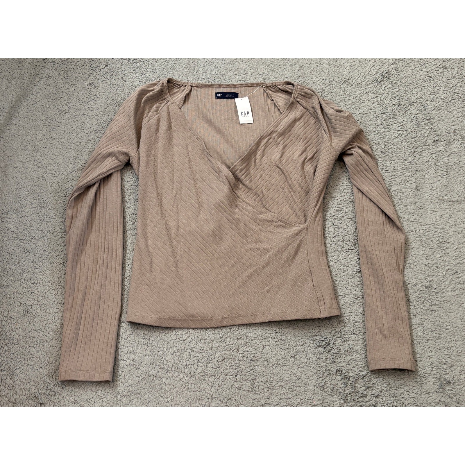 Gap Womens Medium Petite Ribbed Wrap Top Long Sleeve Taupe Brown Puff Shoulder