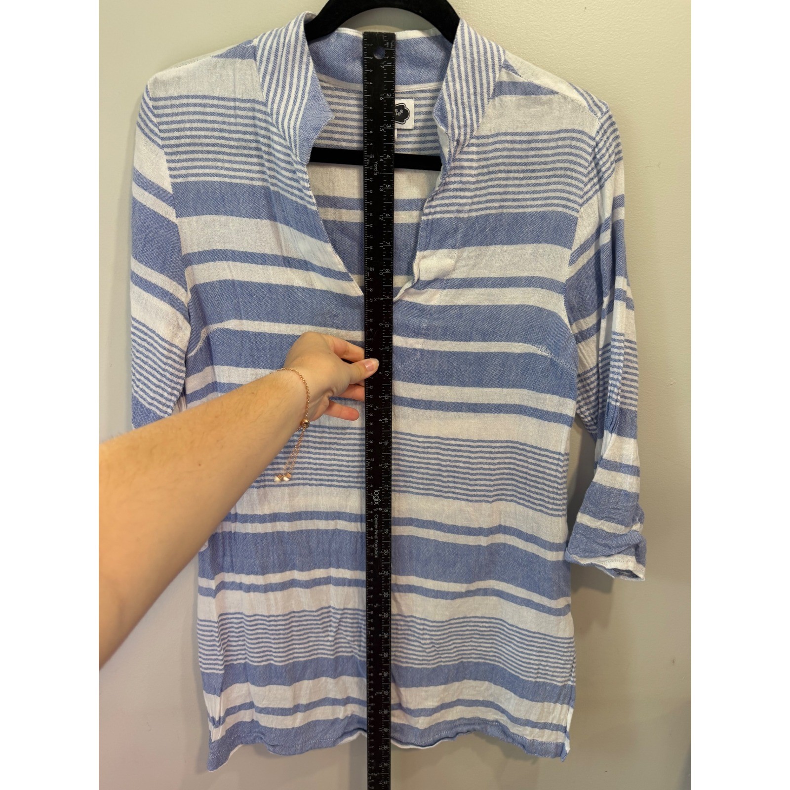 Mud Pie Womens Blue White Striped Cotton Gauze Tunic Top 3/4 Sleeve Size M 8-10