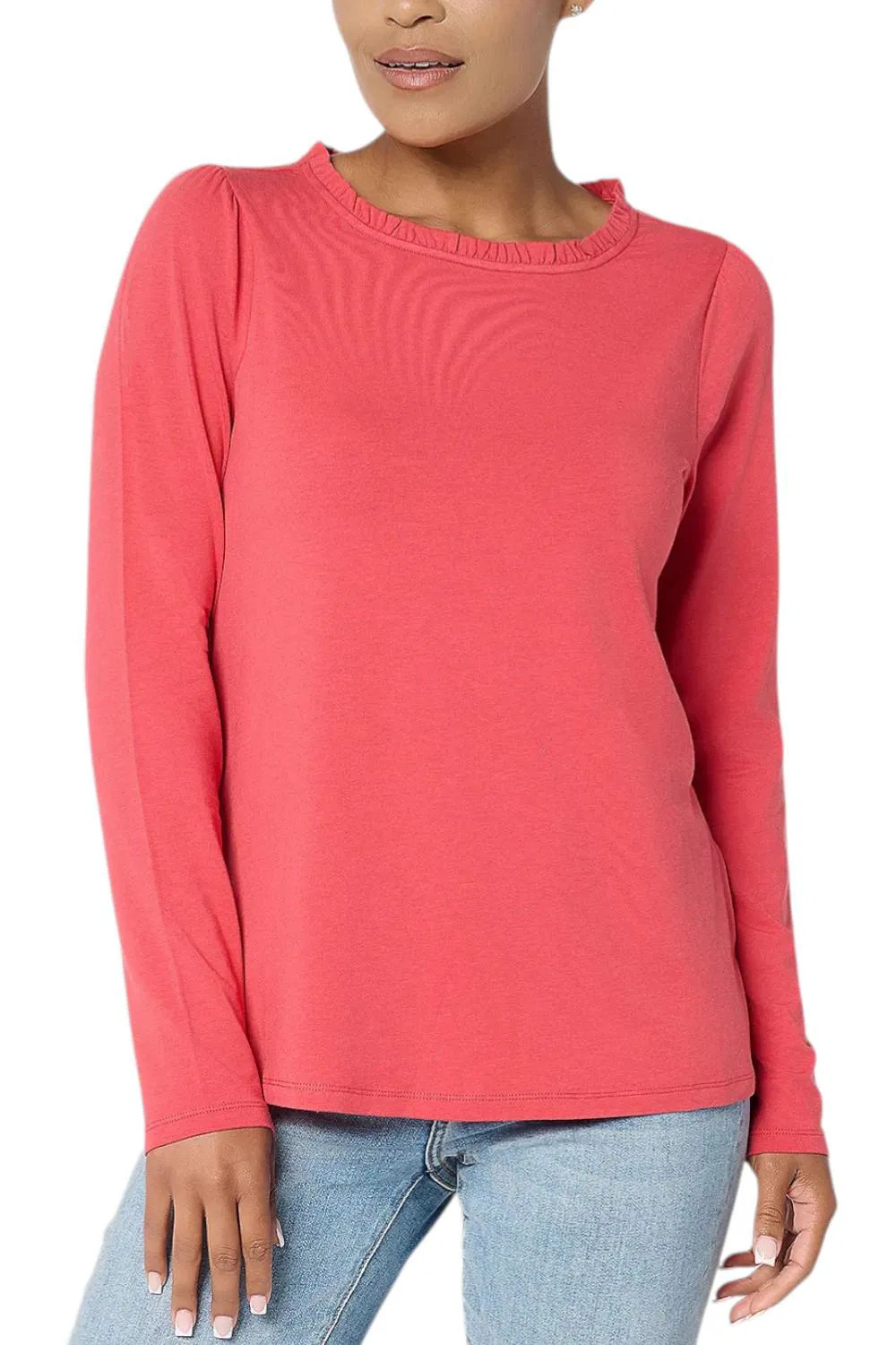 AnyBody Women’s Cozy Knit Ruffle Neck Long Sleeve Top Cardinal