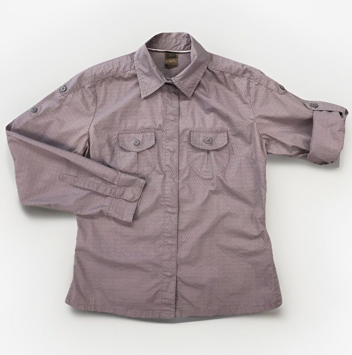 REI Top Womens M Purple Gorpcore Hiking Shirt Roll Tabs Zip Pocket Outdoor