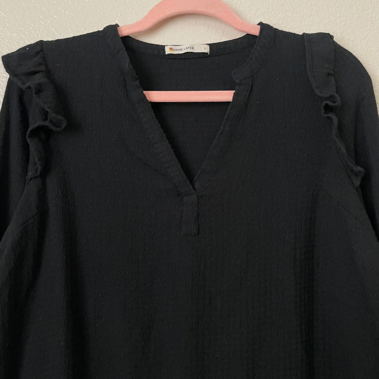 Marine Layer Top Womens Large Black Jamie Ruffle Long Sleeve Quiet Luxury Boho