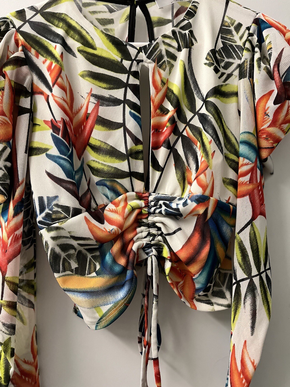 Key Hole Drawstring Top/Belly Shirt Club Miami inspired Island Palm Tree pattern