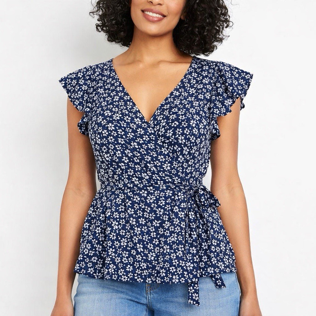 Old Navy Blue Floral Wrap Blouse Women Small Flutter Sleeve V-Neck Tie