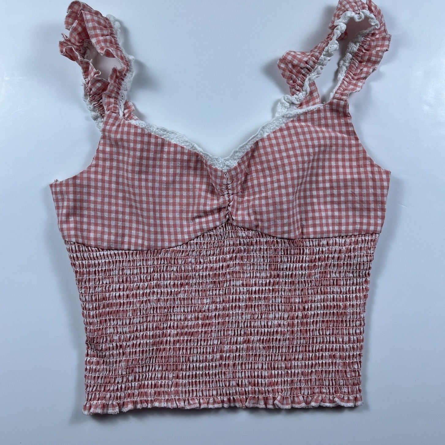 Red American Boho Gingham Smocked Crop Top Ruffle Lace Trim XL Cottagecore