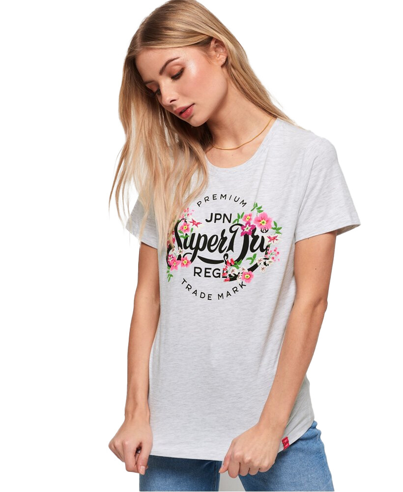 Superdry Women’s Premium Script Floral Graphic Ice Mar Fashion Tee
