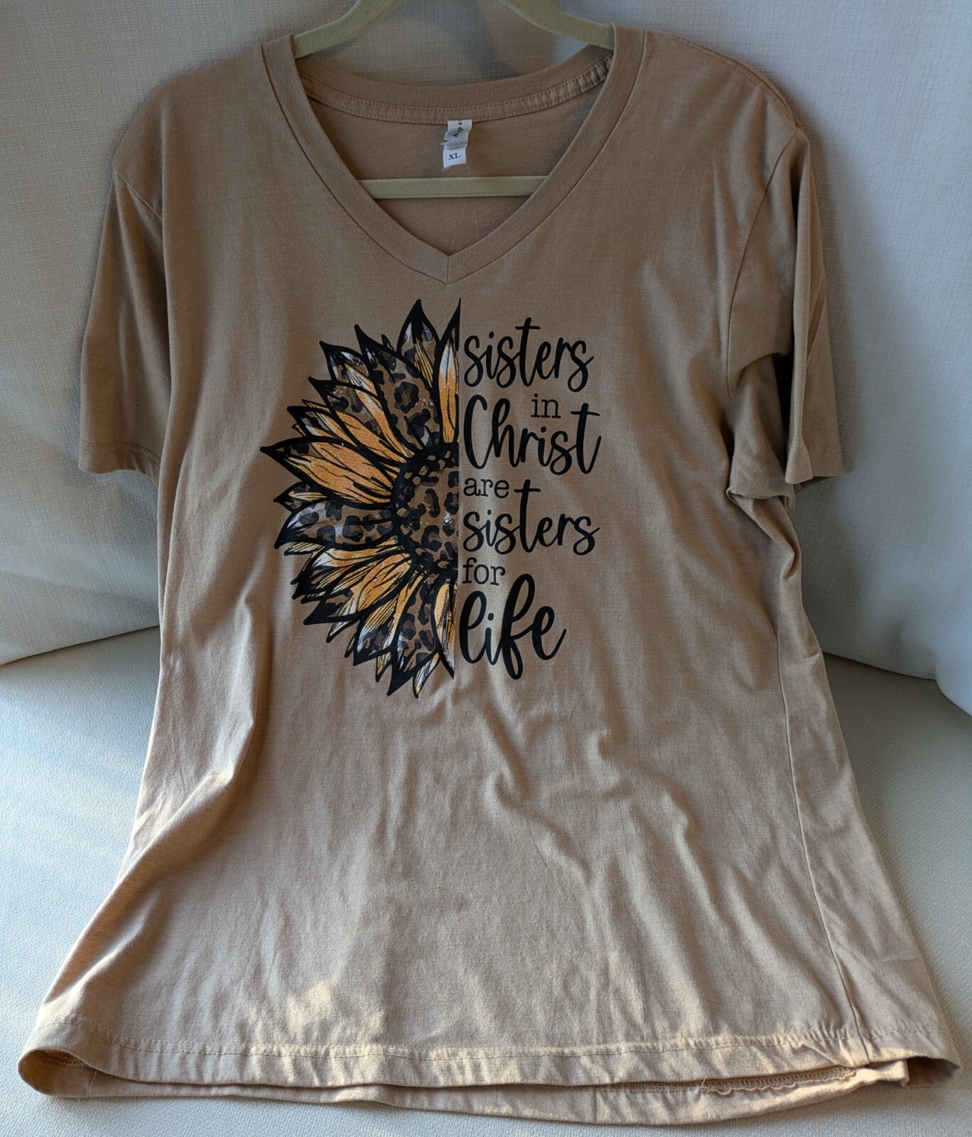 Apparel Religious Womens T-Shirt “Sisters in Christ are Sisters for Life” Tan XL