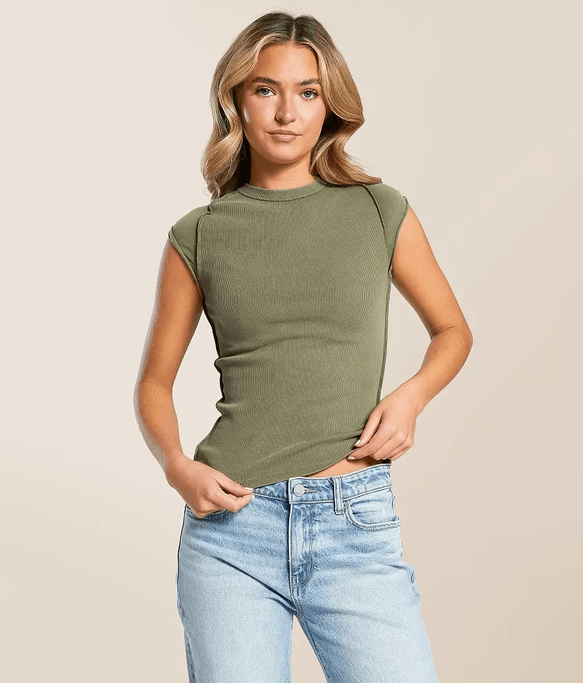 We The Free People Ever Had Tee Olive Green Cotton Blend shirt Women’s Medium NE