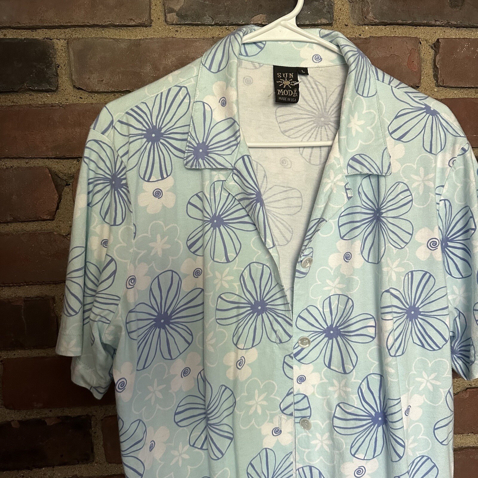 Vtg Sun Moda | Blue Tropical Floral Made in USA -large -44 Chest -23” Long
