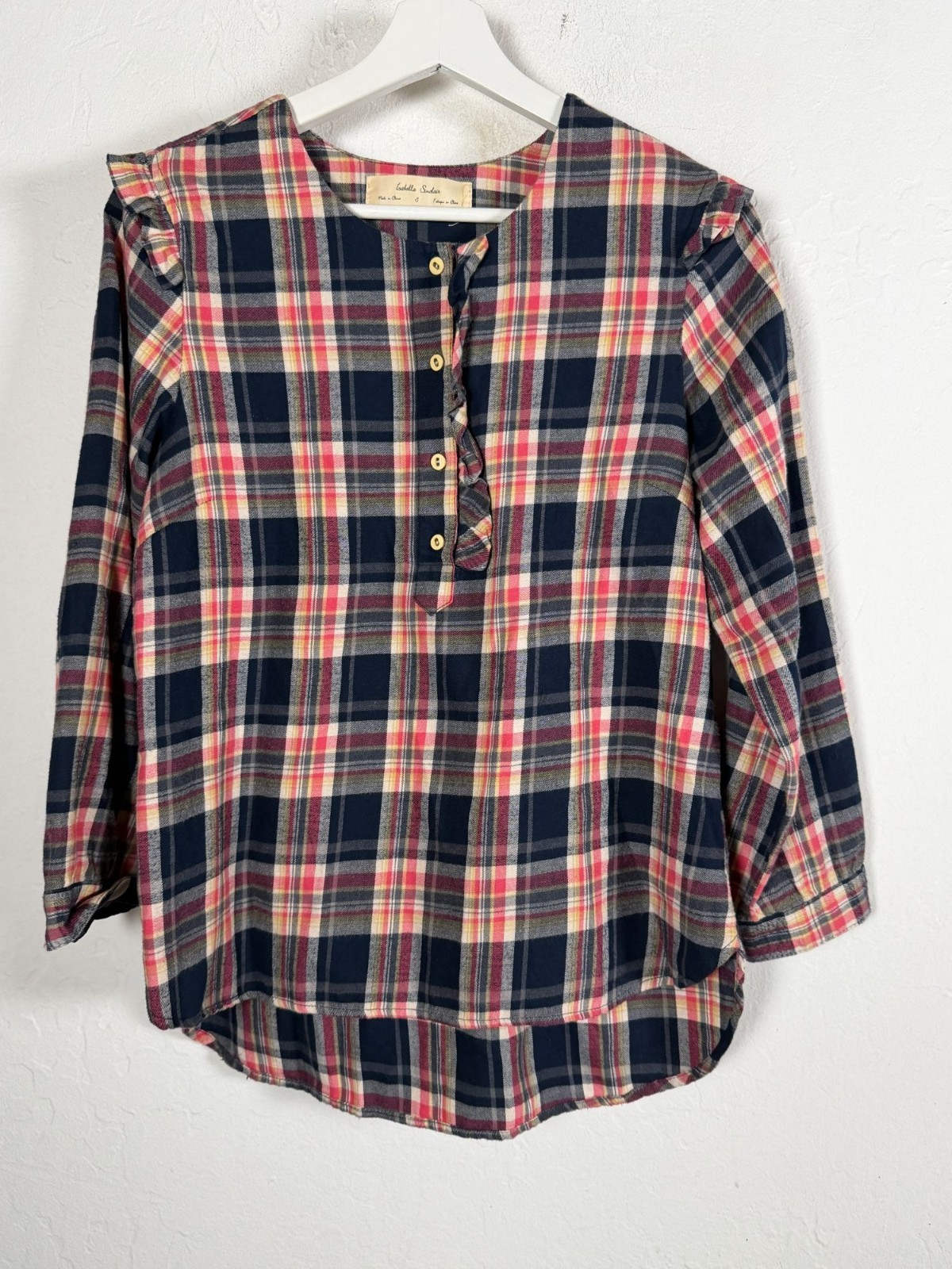 Isabella Sinclair Plaid Shirt Womens Small Flannel Henley Ruffle Long Sleeve Top