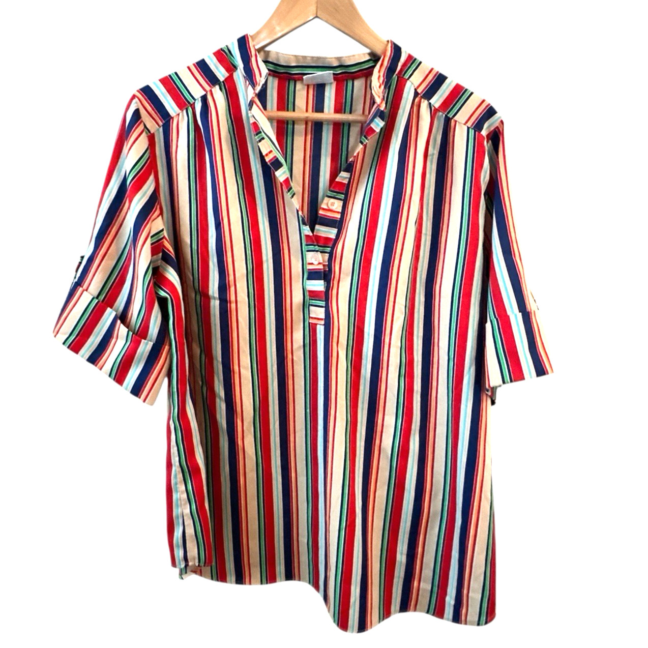 Vtg Levi Strauss & Co Women’s Striped Short Sleeve Top Red Blue Tan Sz Large?