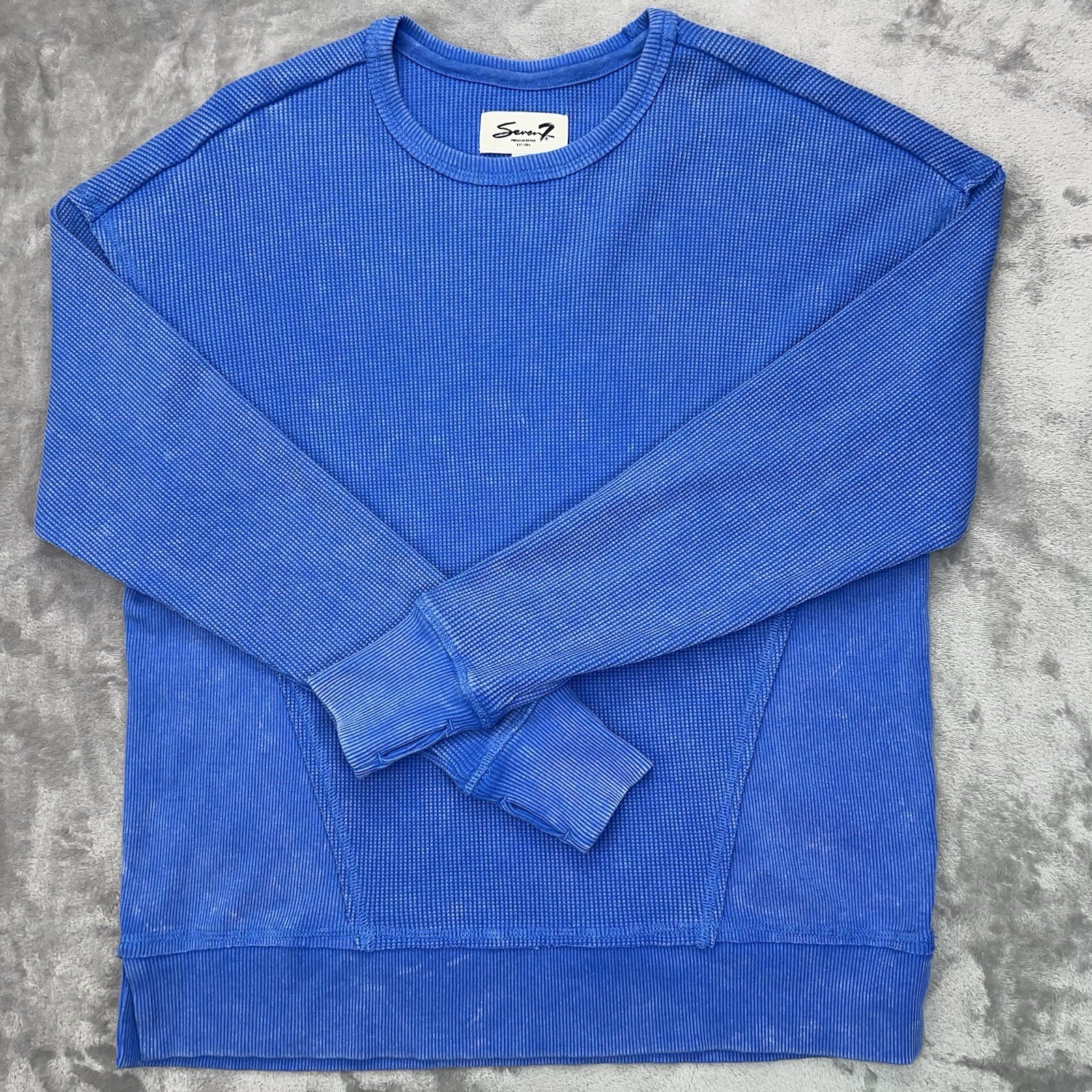 SEVEN7 Waffle Knit Sweater Womens Small Blue Long Sleeve Thumbholes Crewneck Top